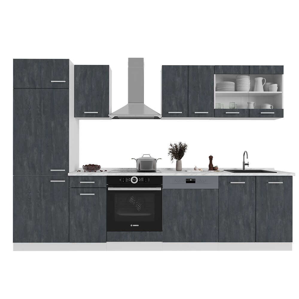 Vicco Küchenzeile R-Line 300 cm Schwarz Beton Weiß ohne Arbeitsplatte