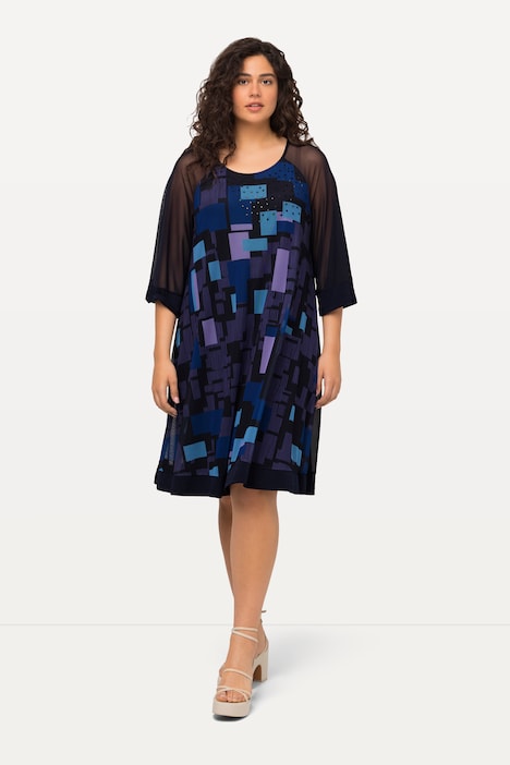 Midikleid, doppellagig, Mesh mit Grafik Print, Schmucksteine, 3/4-Ärmel
