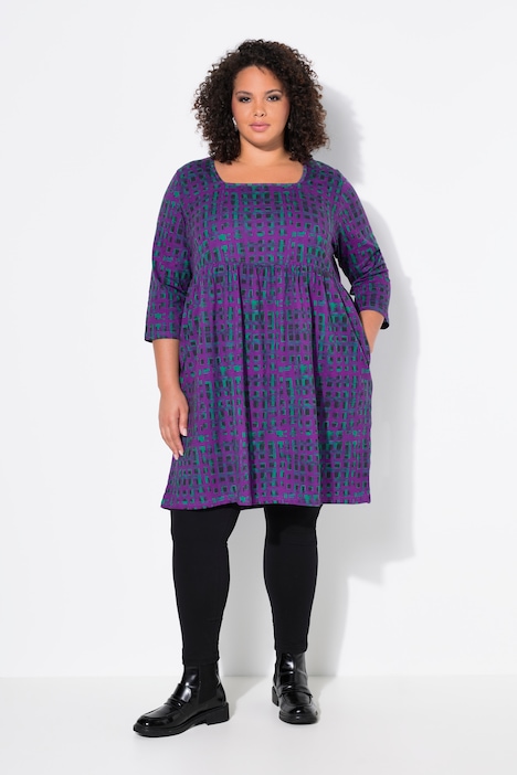 Longshirt, Karo, A-Linie, Carree-Ausschnitt, 3/4-Arm