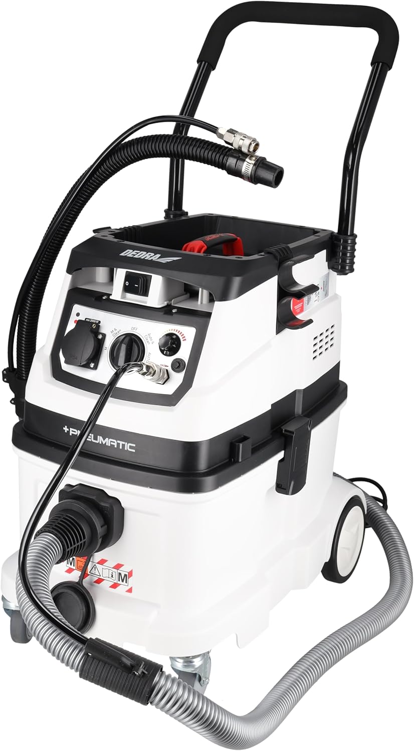 Dedra Industriestaubsauger mit automatischer Filterreinigung und anschließbarer Kompressor- und Druckluftanlage, Filterklasse M, Gewicht 17,4 kg, Saugleistung 24 kPa, Behälter 40L mit Nassbetrieb