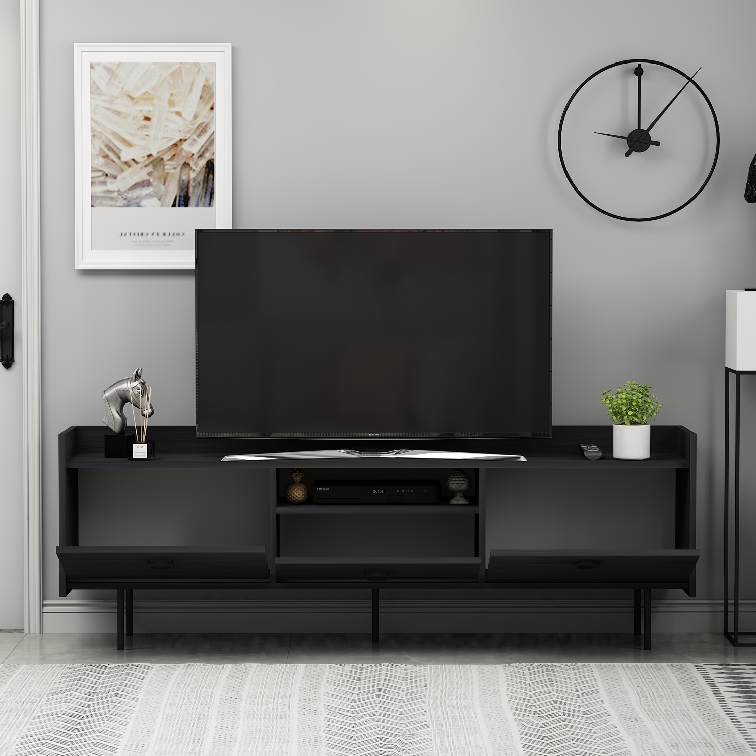 TV-Lowboard - schwarz - 3-türig - 184 cm