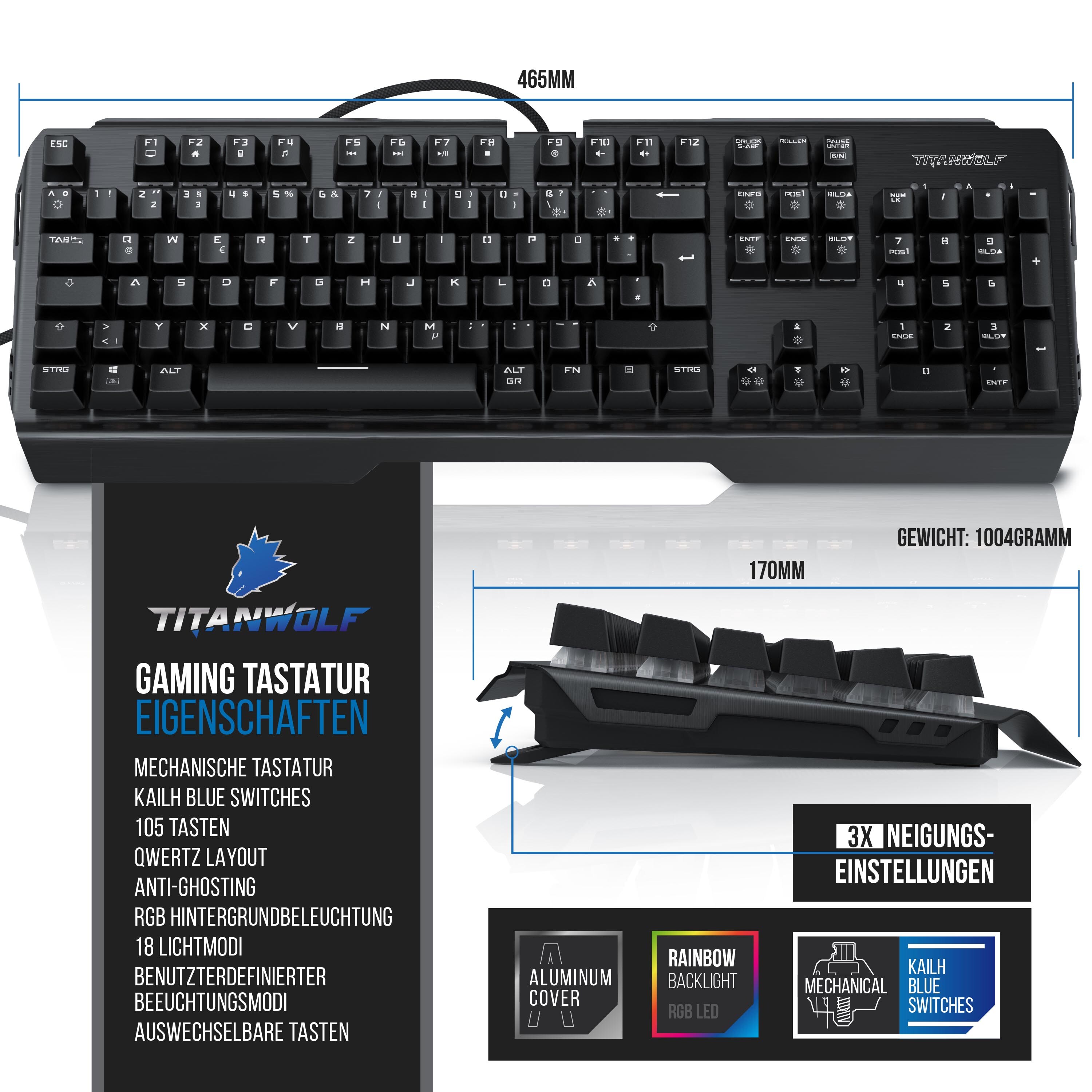 Titanwolf Gaming-Tastatur, mechanisches Keyboard, Anti-Ghosting, Kailh Blue, LED-Beleuchtung