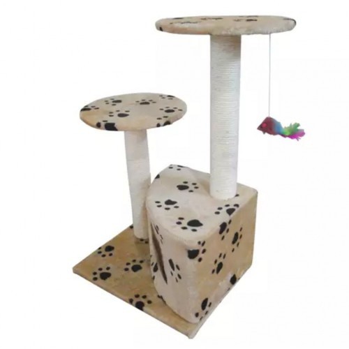 Arranhador bege para gatos com pegadas de patas.