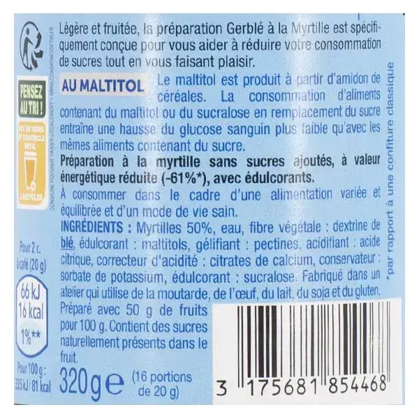 Geleia de mirtilo Gerblé sem adição de açúcar, 320g