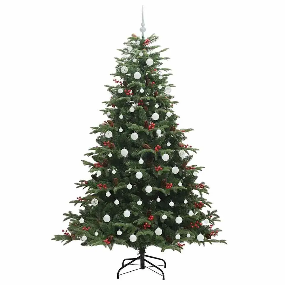 vidaXL - Kunstkerstboom met LED's en witte ballen 210 cm - Groen - PVC