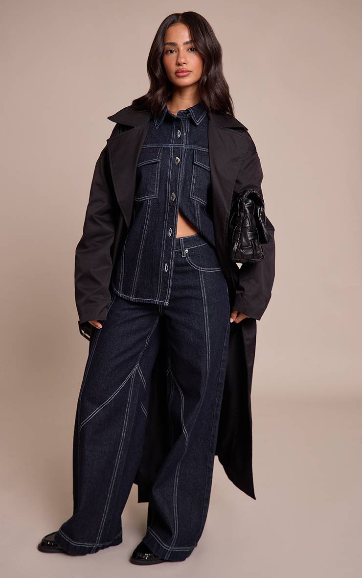 Bleu Indigo Veste-chemise En Jean À Détails De Coutures Petite