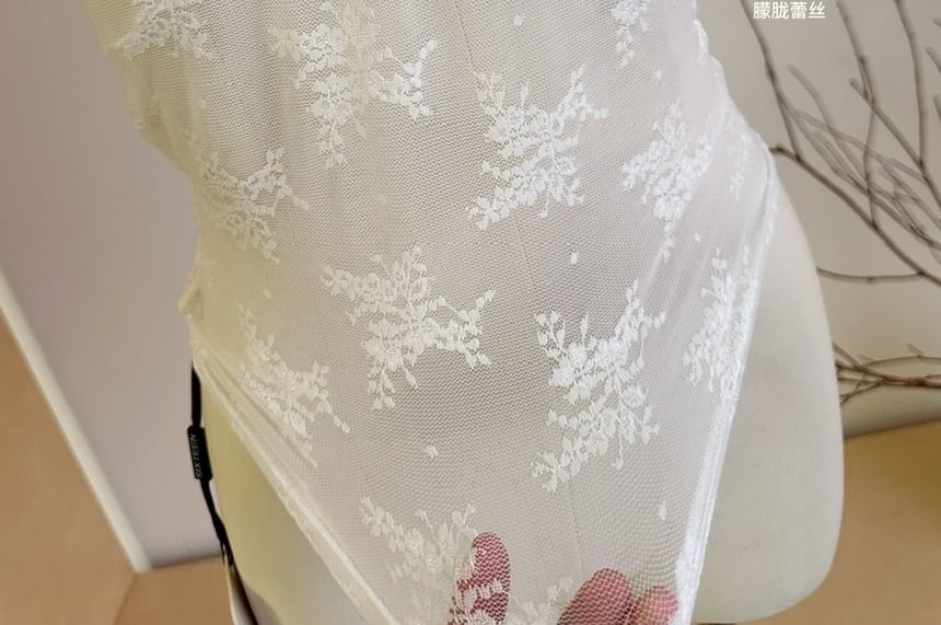 Dute - V-hals kanten crop top / lange mouwen knoopjes-effen mini A-lijn gebreide jurk