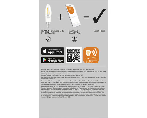 Ledvance Smart WIFI Filament LED kaarslamp, dimbaar, B40 E14/4W (40W), helder, 470 lm, 2700 K, warm wit