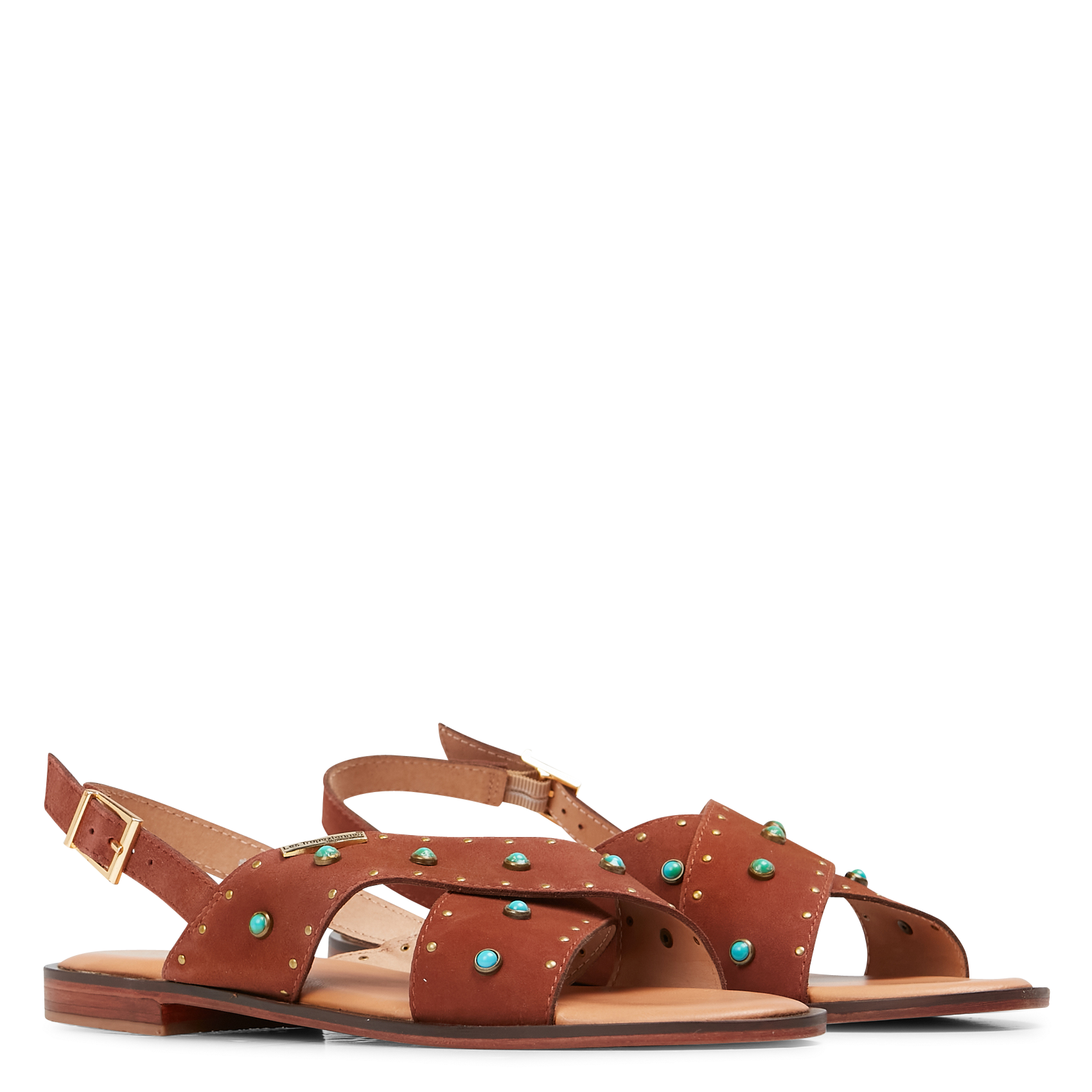 HELIXIR - Sandales plates en cuir ornées de pierres | Marron