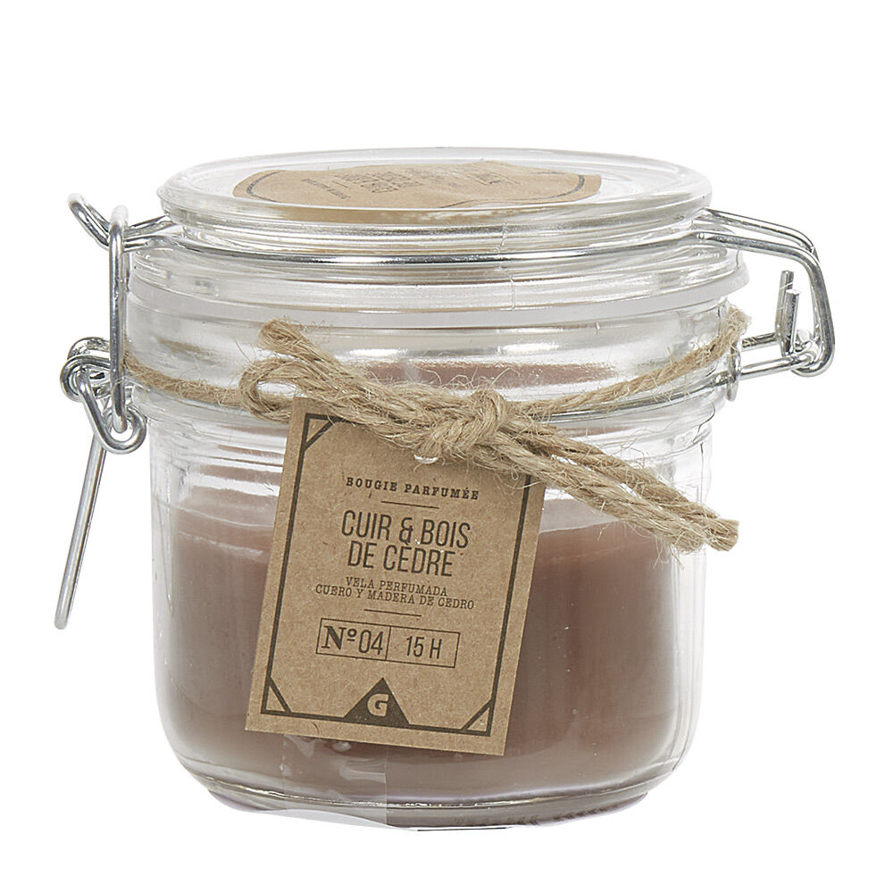 Bougie parfumée dans pot en verre senteur Cuir Bois de cèdre