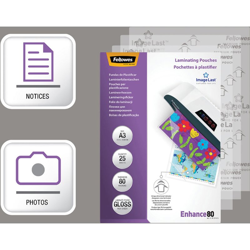 Pochettes de plastification Fellowes A3 2 x 80 µ brillantes - Boite de 25