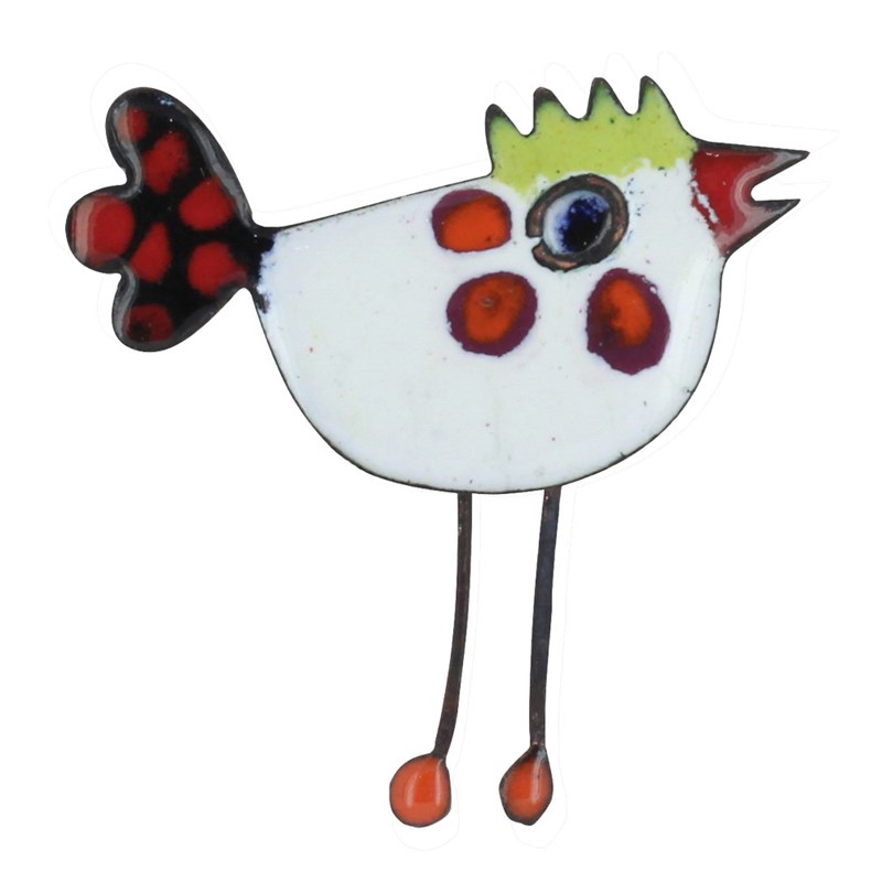 Broche Poule Émaillée Blanche Queue à Pois