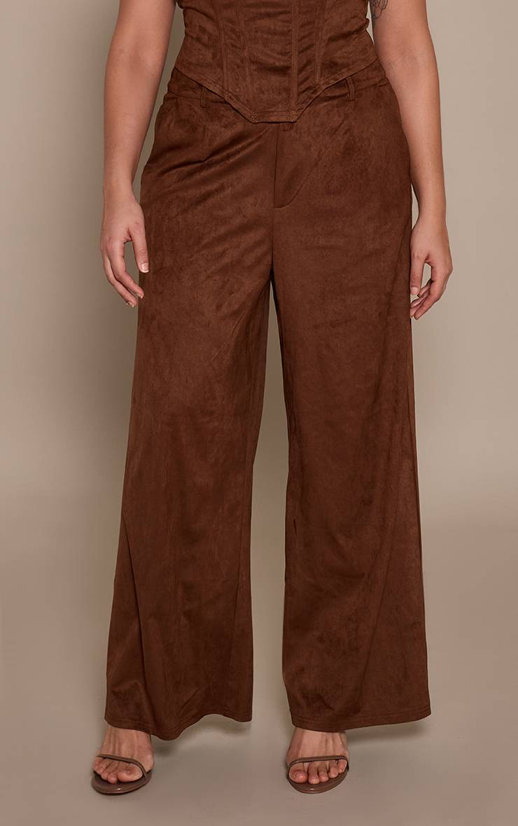 Marron Pantalon Tailleur Grande Taille En Faux Suède