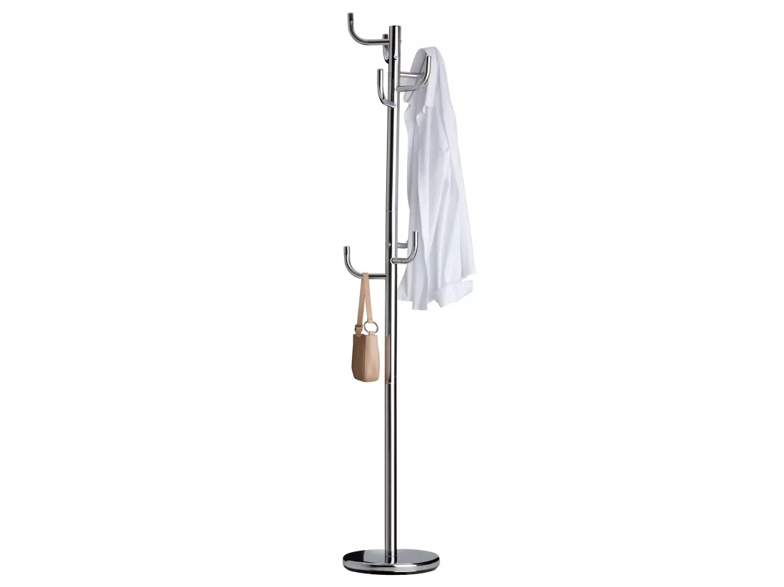 Porte-manteaux MILA portant pour vêtements sur pied socle rond et 8 crochets dont 3 à mi-hauteur, meuble d'entrée en métal chromé