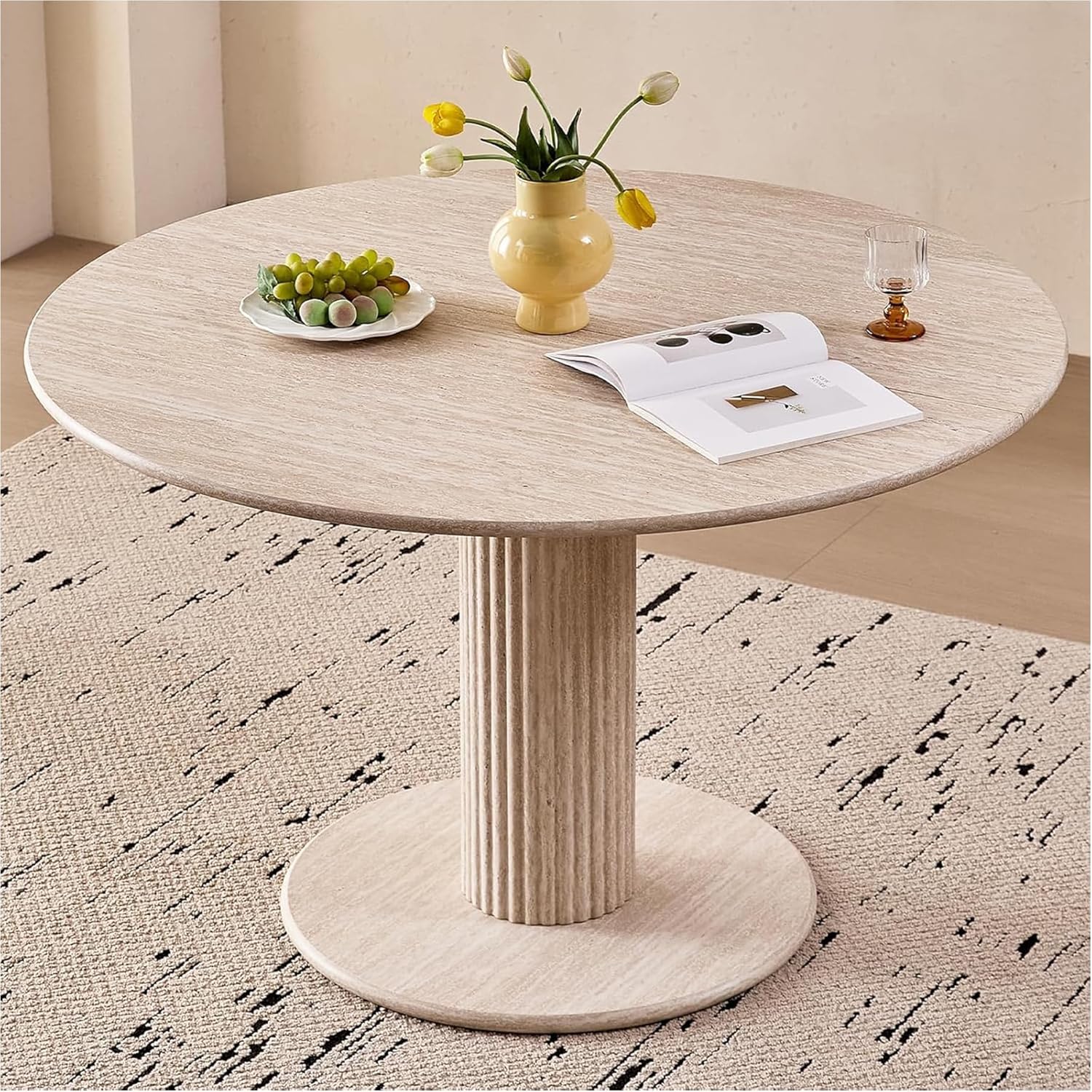 Moderner Runder Esstisch, Küchentisch aus MDF (Travertin-Maserung),Geeignet für Küche, Esszimmer, Wohnzimmer und Büro (Beige)