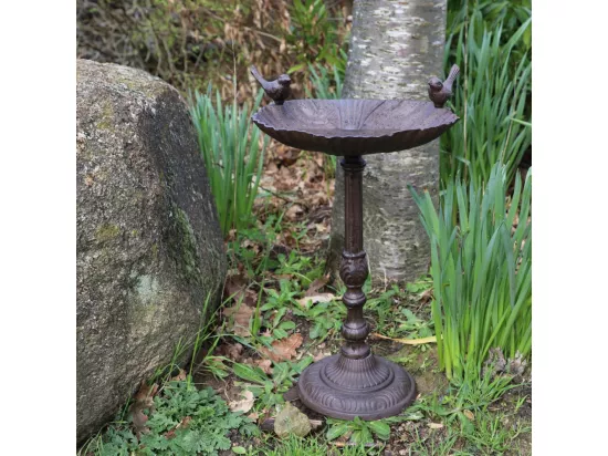 Mangeoire à oiseaux sur pied abreuvoir jardin fonte marron 50cm