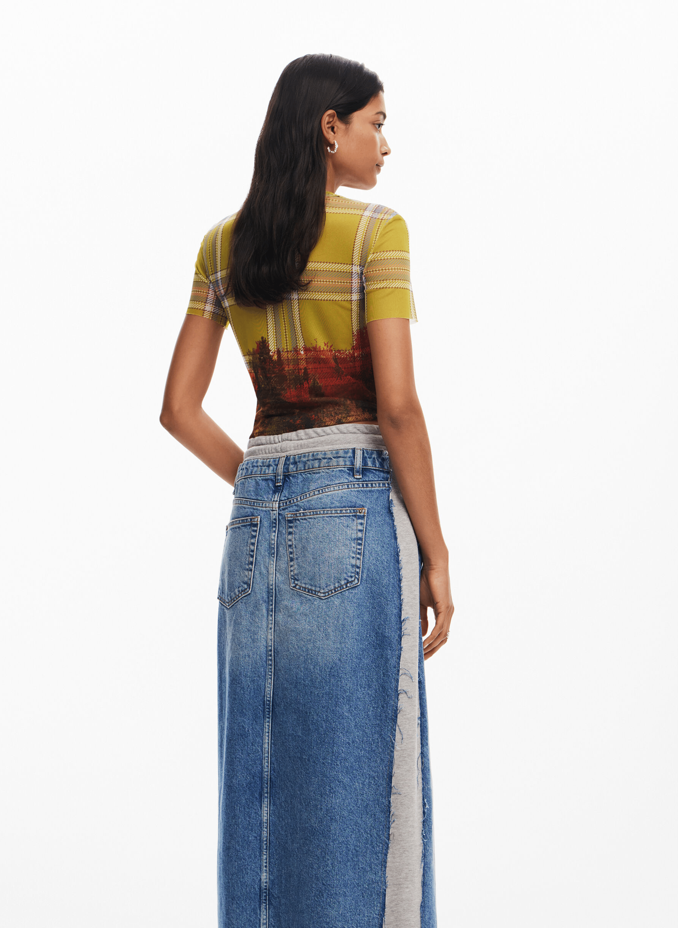 Jupe midi bi matière en coton mélangé | Bleu