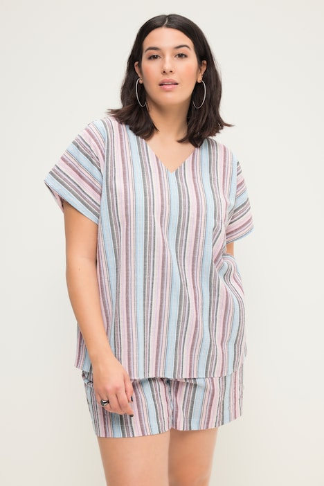 Blusenshirt, oversized, Streifen, V-Ausschnitt