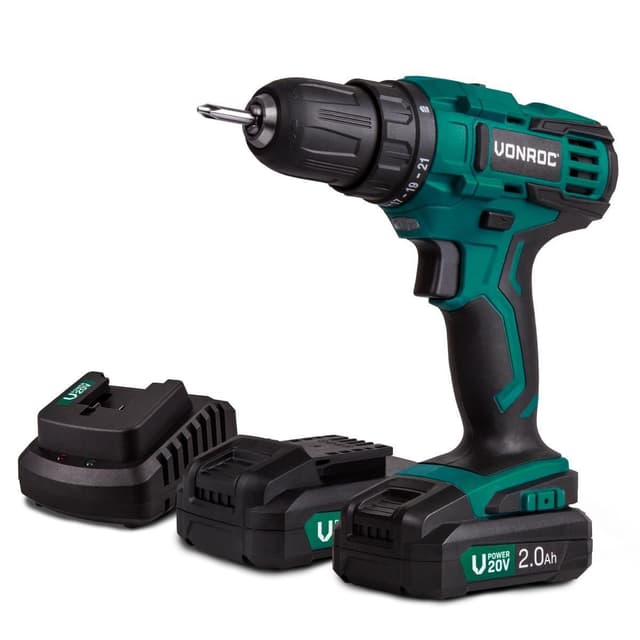 VONROC Bore-/skruemaskine 20V – 40Nm | 2 Gear & 21 Momentindstillinger | Inkl. 2x 2.0Ah akku og oplader