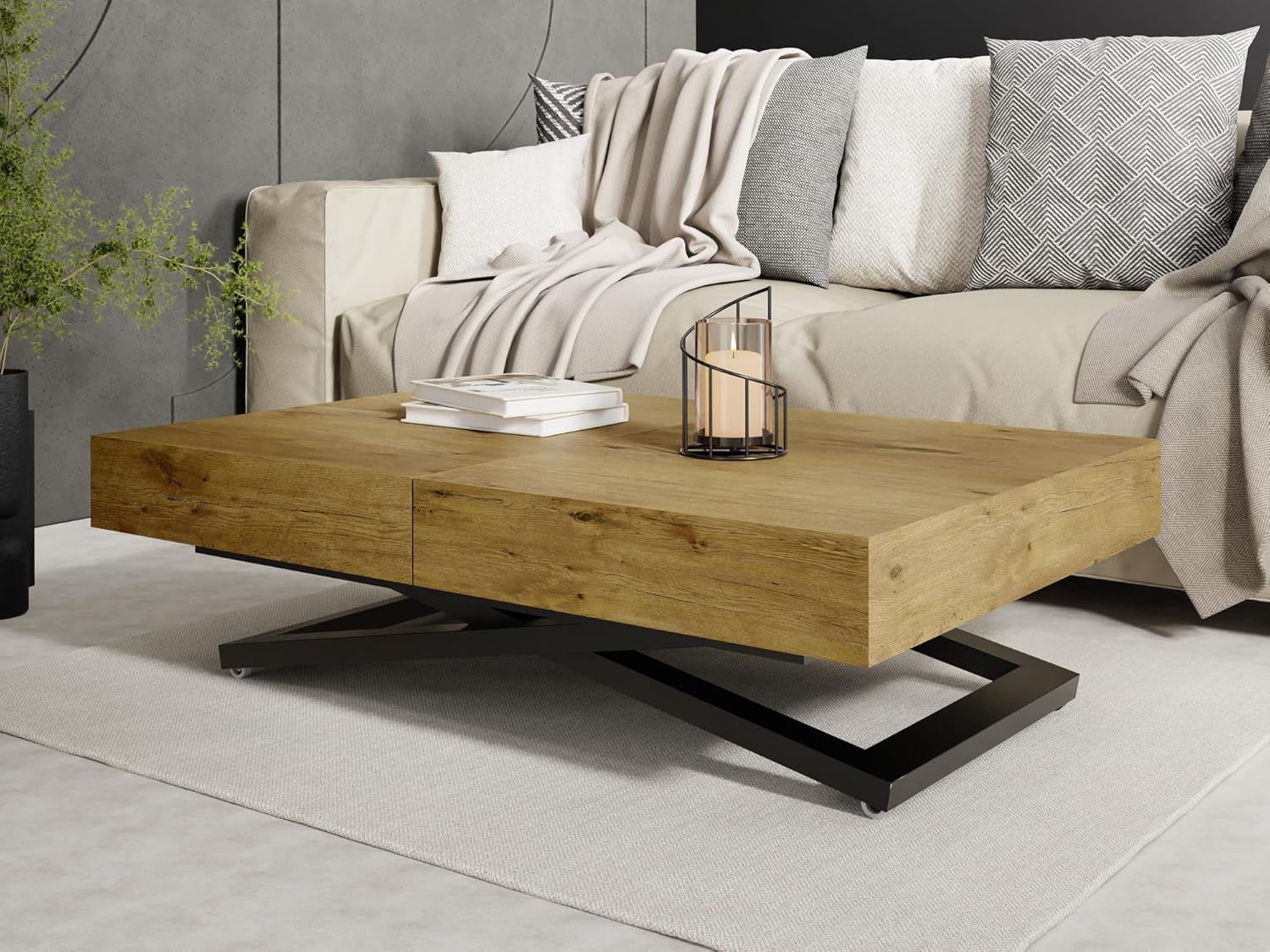 WFL GROUP Couchtisch Höhenverstellbar und Ausziehbar Cavetta U - Wohnzimmertisch Esstisch Multifunktionstisch mit Schwarzem Metallgestell 120-200/80/27-76 cm Lancelot Eiche