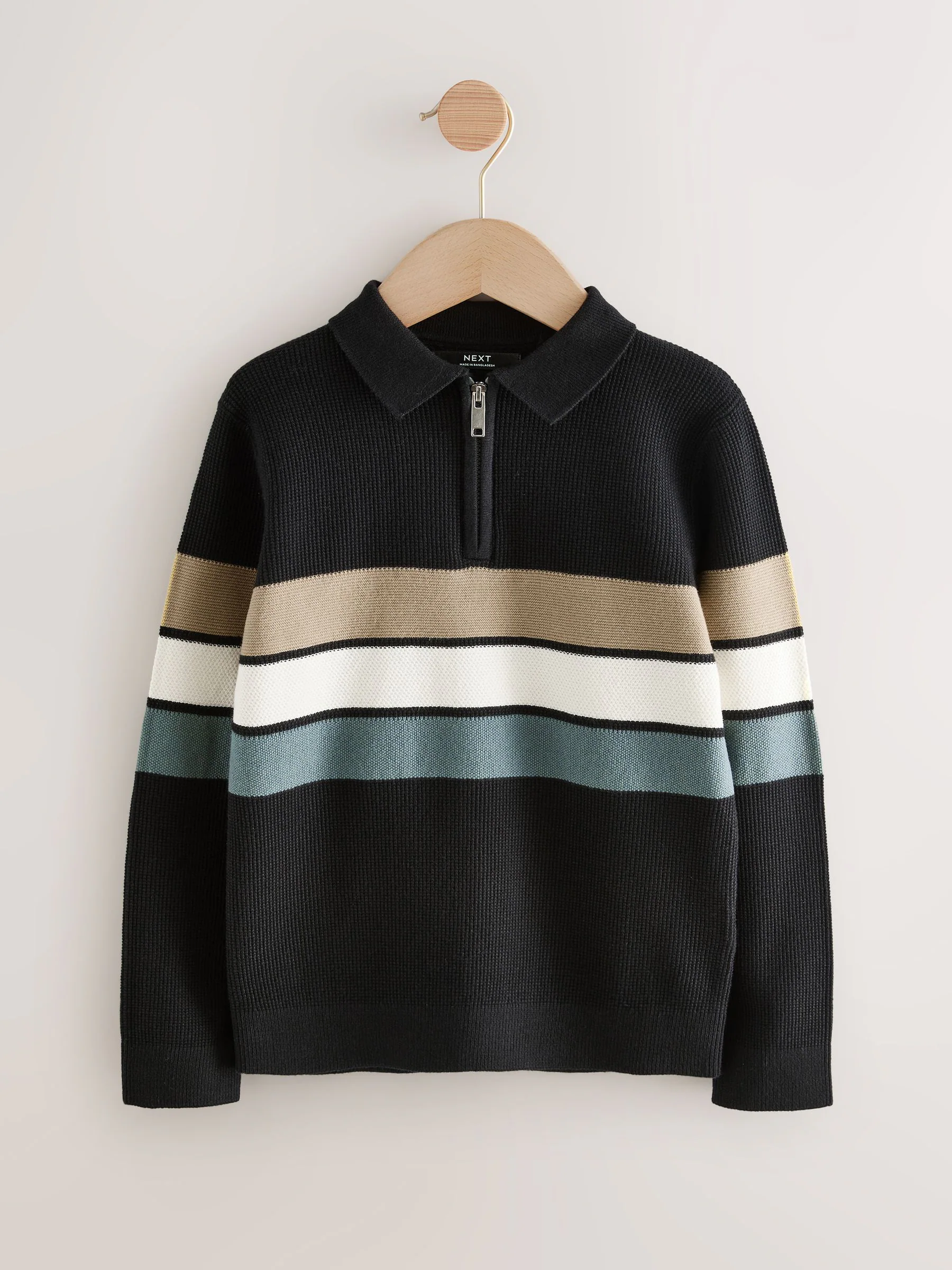 Zwarte streep - Gebreid poloshirt met rits bij de hals en lange mouwen (3-16jr)