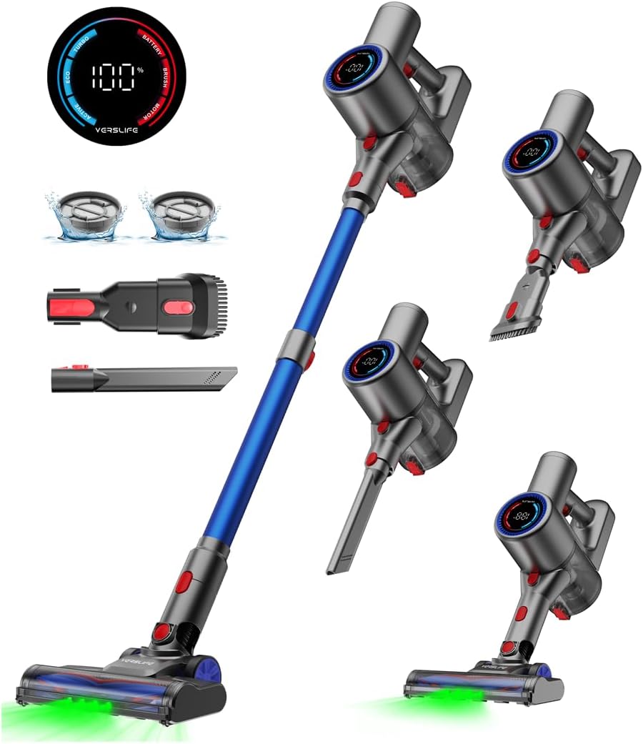 VersLife Akku Staubsauger 500W/45 Min/40kPa, Staubsauger Kabellos Selbstladender mit Smart LED-Display, Leichter Akkustaubsauger mit grünem Licht für Tierhaare/Hartböden/Teppiche/Auto