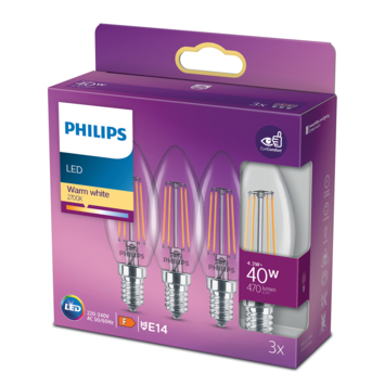 Philips LED kaars E14 40W 3 stuks filament helder niet dimbaar