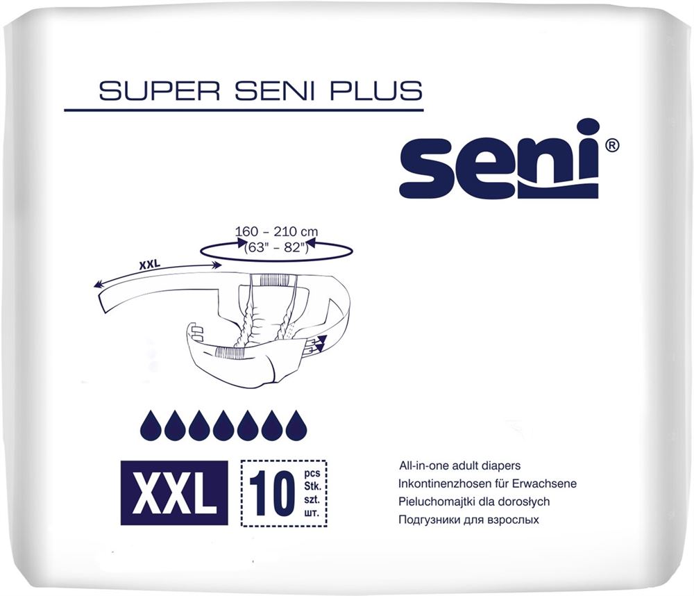 Super Seni Plus Windelhosen<br>10 Stück, XXL, atmungsaktiv Hüftumfang 160-210cm 7 Tropfen