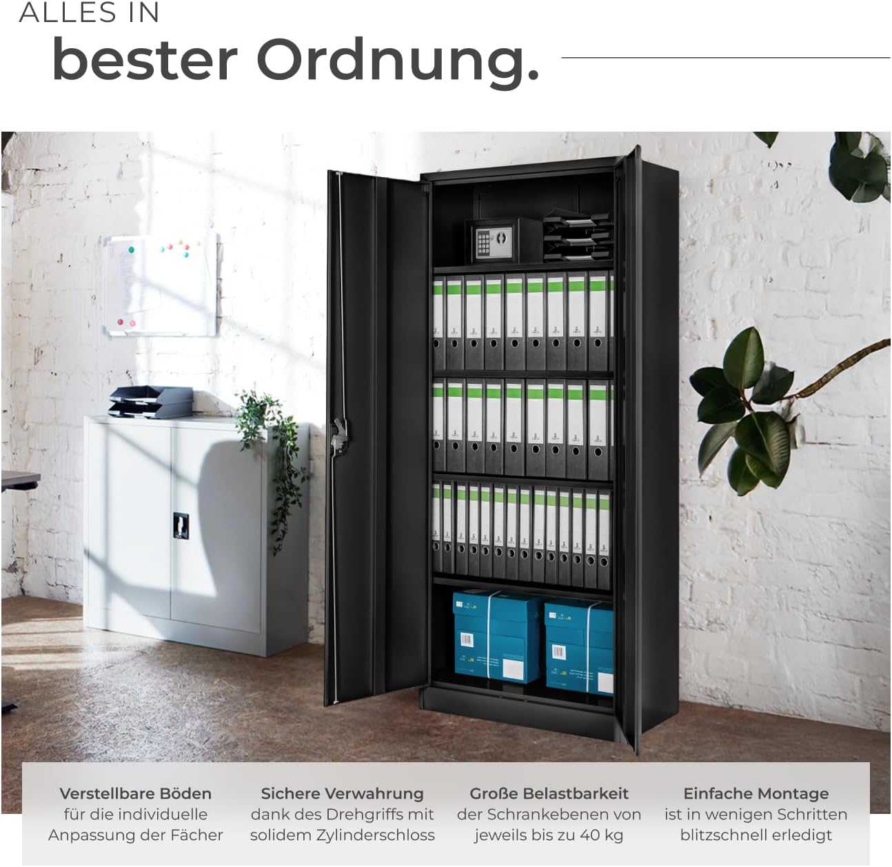 tectake® Aktenschrank, Büroschrank abschließbar, Mehrzweckschrank aus Stahl, Allzweckschrank mit 2 Türen, inkl. 3 höhenverstellbare Einlegeböden, Aktenschrank abschließbar 180x80x40 cm - schwarz