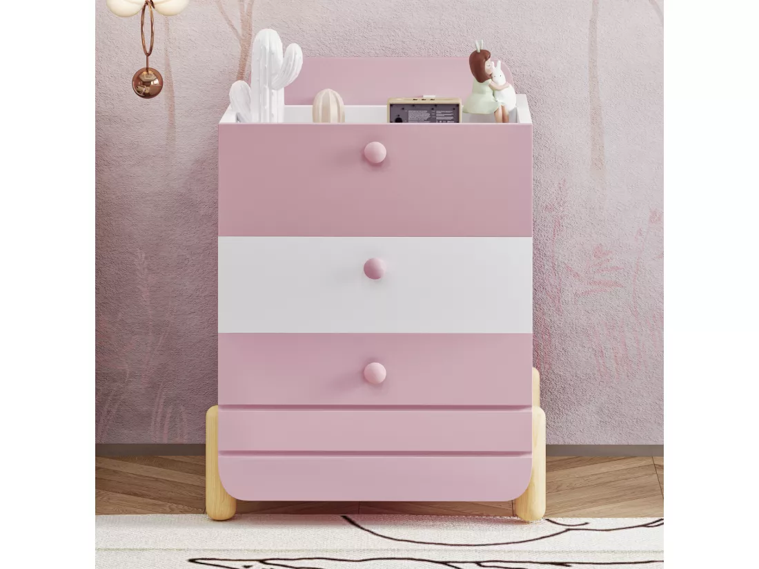 Table de chevet en bois - avec 3 tiroirs et étagères - Rose