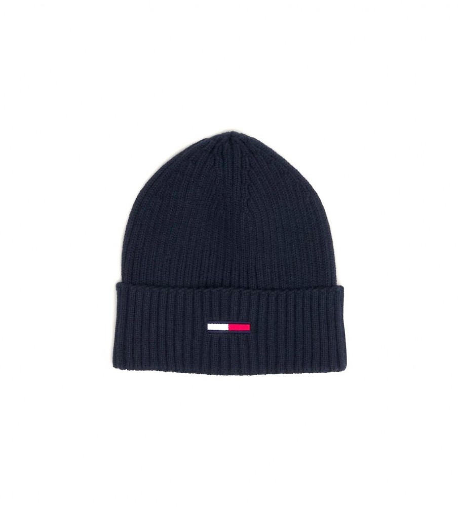 Gorro Tommy Jeans em malha elástica com logotipo bordado na cor azul marinho