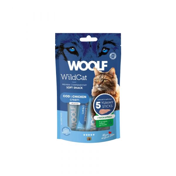Woolf Wildcat Creme Snack para Gato Bacalhau e Frango 5un x 14g