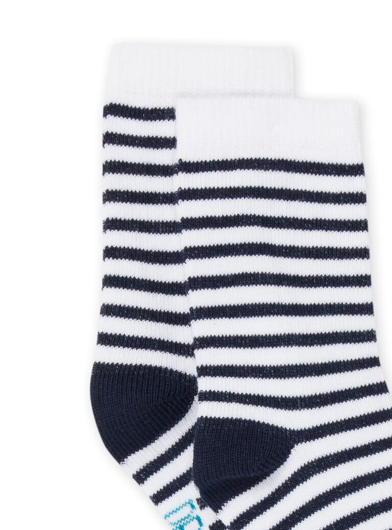 Chaussettes layette bleu nuit à imprimé rayures.