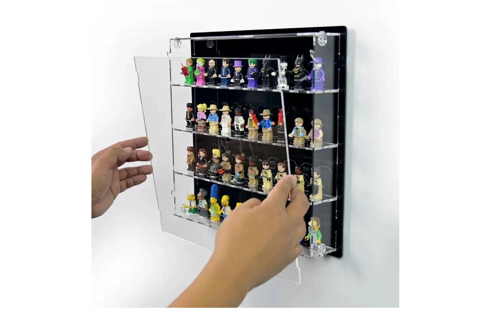 Baukasten Acryl-Wand-Display für 40 LEGO-MinifigurenAcry-Display-Box mit schwarzem Hintergrund