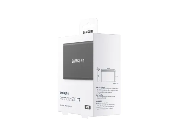 Samsung T7 MU-PC2T0T - SSD - krypteret - 2 TB - ekstern (bærbar) - USB 3.2 Gen 2 (USB-C stikforbindelse) - 256-bit AES - titan grå