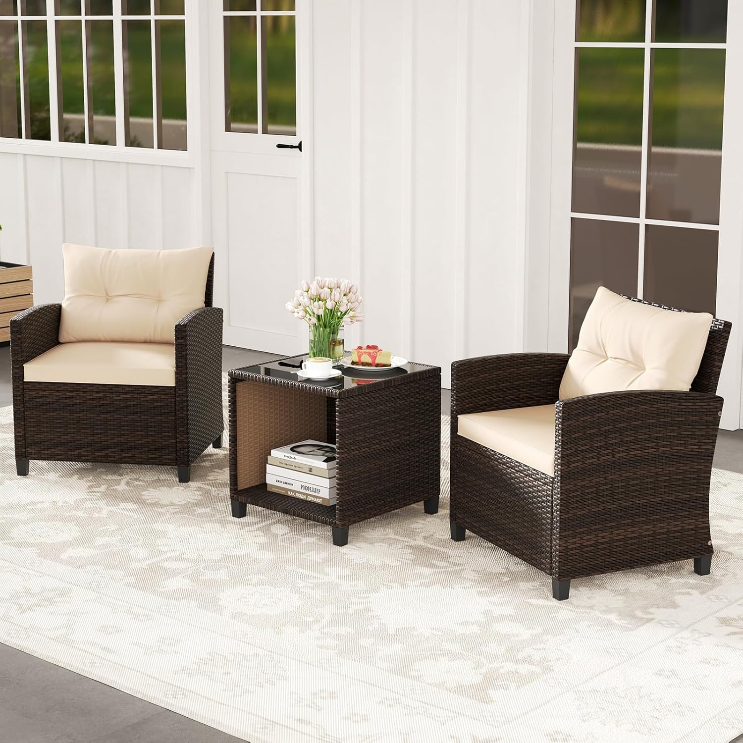 COSTWAY Gartenmöbel Set, Rattan Balkonmöbel inkl. 2 Stühle mit Sitzkissen & Tisch, Gartenlounge Outdoor, Sitzgruppe Set, 3-TLG. Terrassenmöbel Wetterfest für Balkon, Terrasse, Garten, Braun