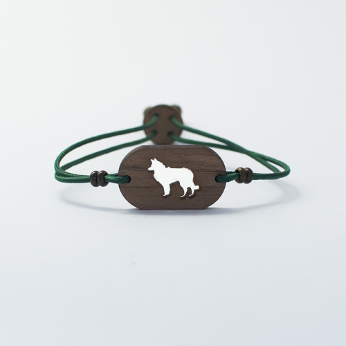 Pulseira de madeira personalizável com desenho de Border Collie, verde.