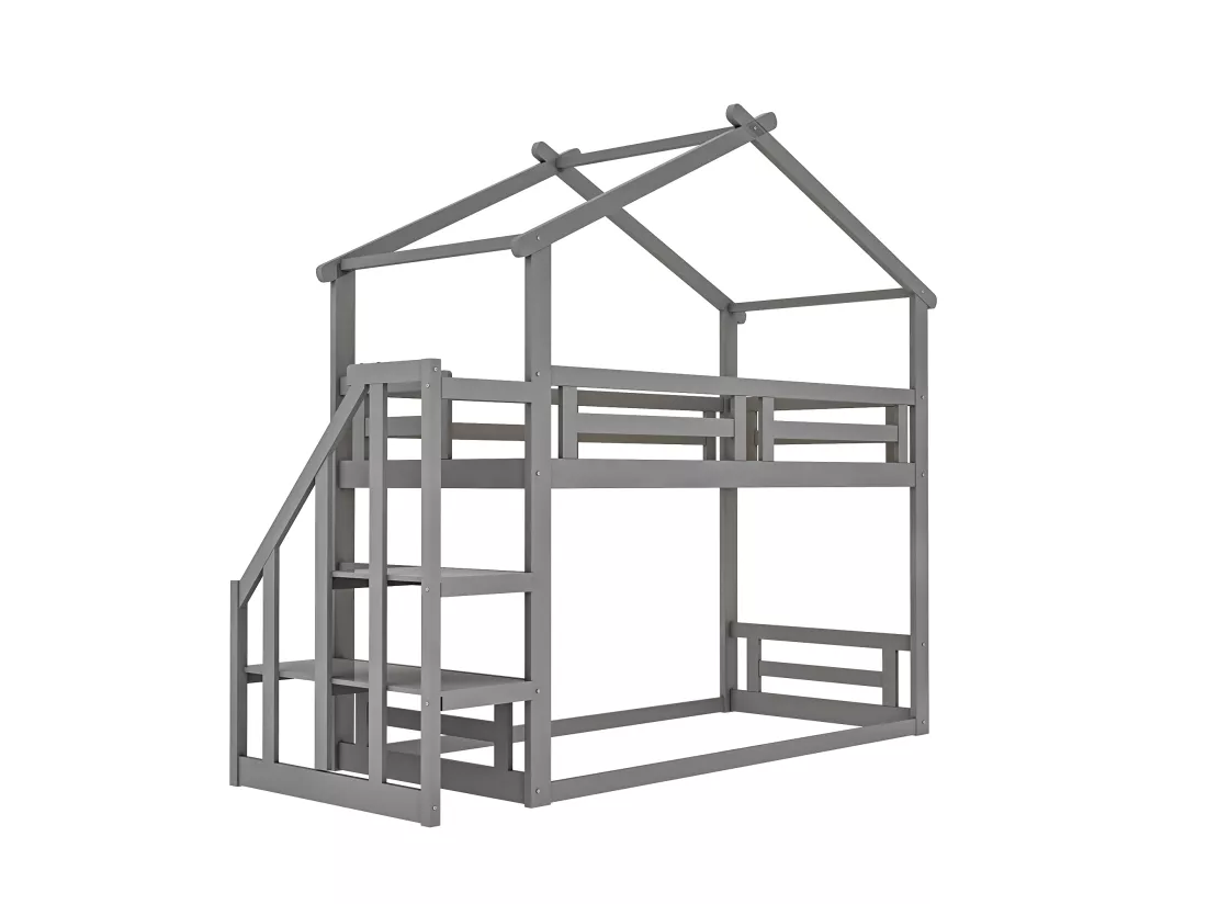 Lit superposé cabane avec rangement - 90 x 200 cm - pin - barrières et escalier - coloris gris
