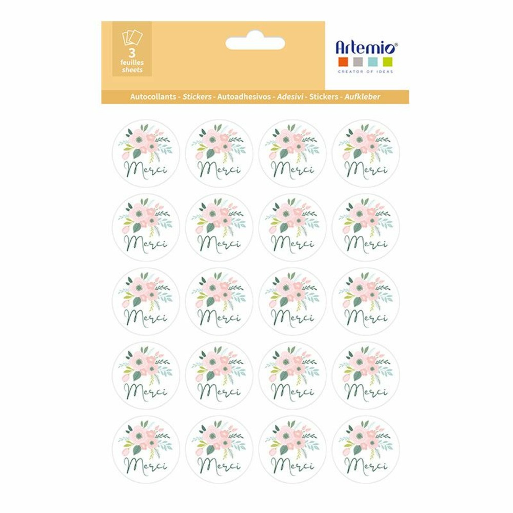 60 stickers ronds merci - mariage floral