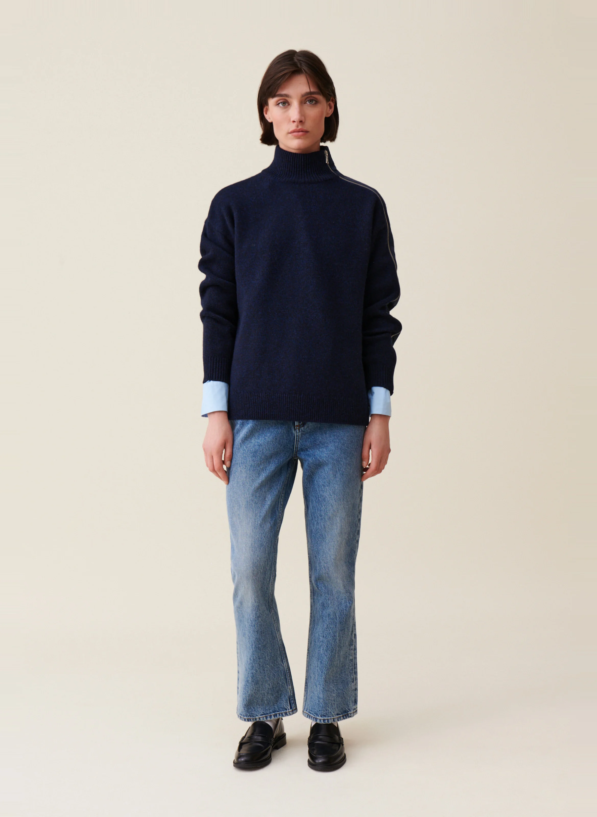 Pull col montant zippé en laine mélangée | Bleu