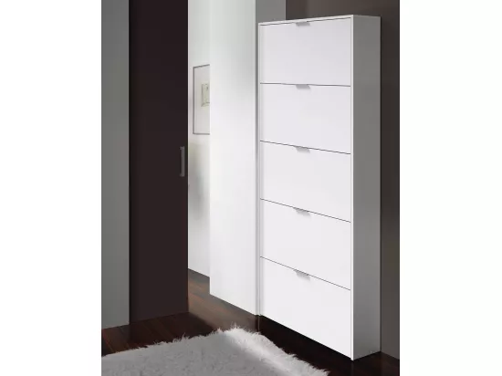 Commode à chaussures en bois de 5 abattants coloris blanc brillant - Dim : 180 x 70 x 17 cm