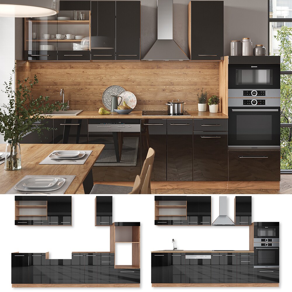 Vicco Küchenzeile Küchenblock Einbauküche Fame-Line Eiche Anthrazit 300 cm modern Küchen Schränke Schubunterschrank Unterschrank Spülenunterschrank Hängeschrank Mikrowellenschrank Geschirrspülerblende