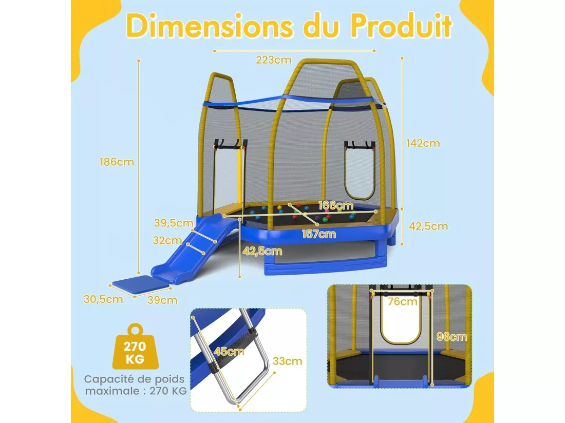 Trampoline Extérieur Ø 223cm Enfants avec Toboggan & Echelle, Trampoline de Jardin Rond avec Filet de Sécurité, 20 Balles, 2 Portes en U, Charge 270kg pour 2-3 Enfants de 3 Ans+