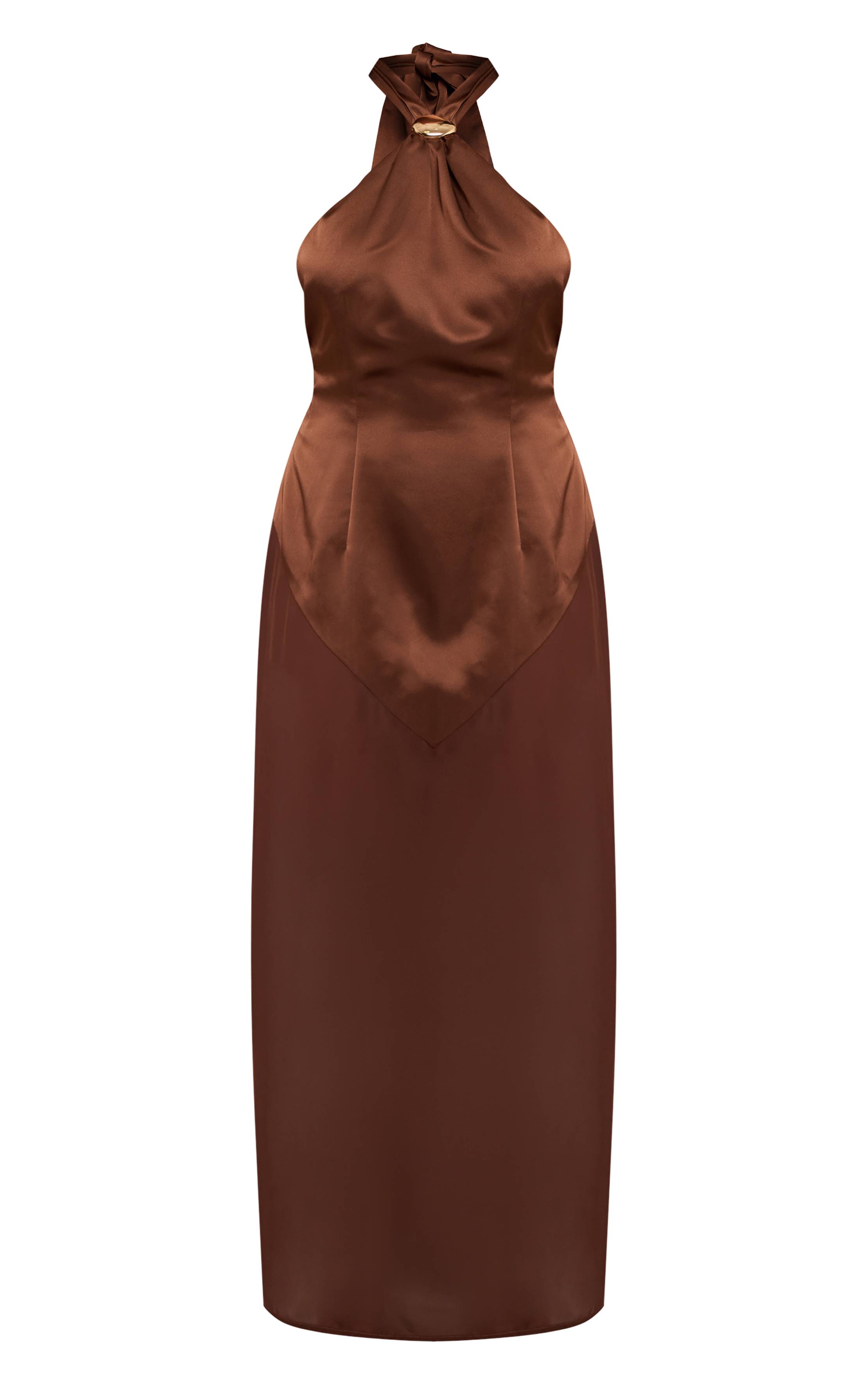 Chocolat Robe Longue Ajustée En Satin À Encolure Licou Avec Détail À L'ourlet