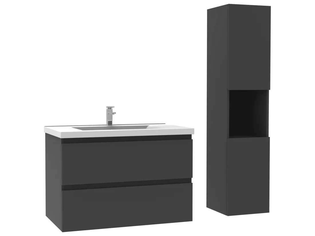 Ensemble Salle De Bain 80cm Anthracite meuble avec colonne vasque ceramique blanche 3 Éléments