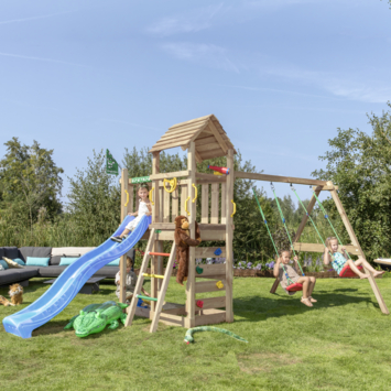Speeltoestel Jungle Gym Safari grenen geïmpregneerd met glijbaan blauw en 2-schommel module