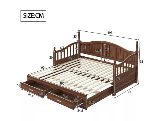 Canapé-lit pliant en bois massif 90/180x200 cm avec colonnes romaines et 2 tiroirs - Marron