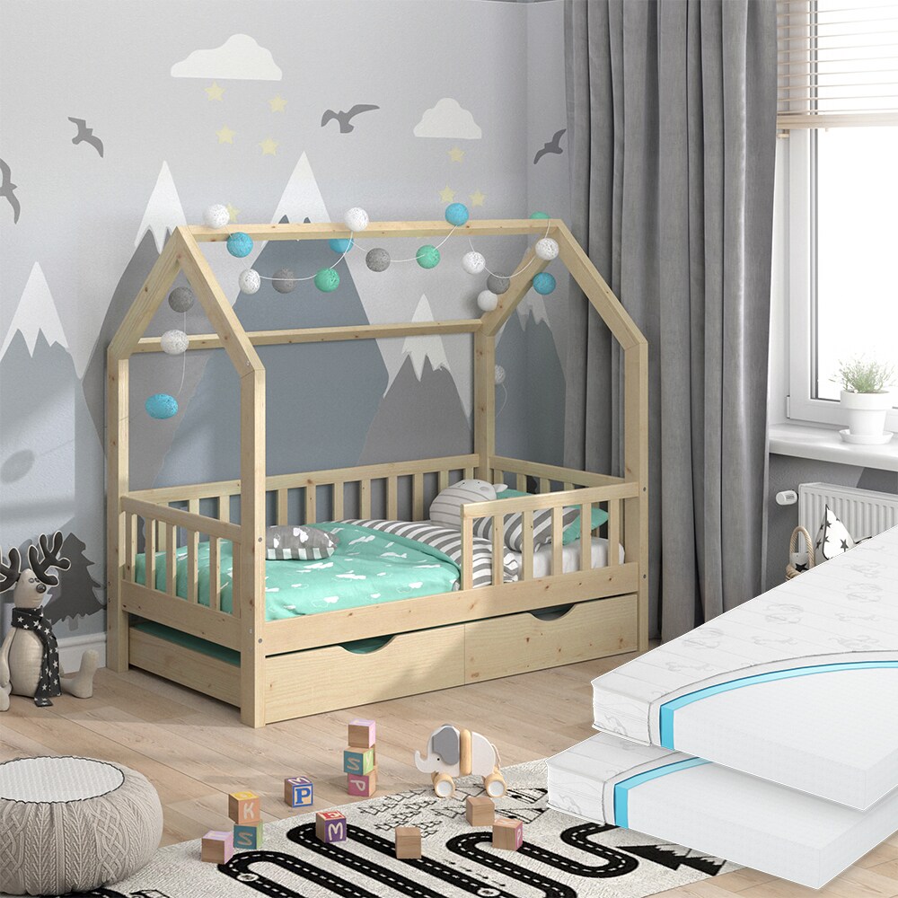 VitaliSpa Kinderbett Hausbett Gästebett Wiki Natur 80x160cm Schublade Matratzen
