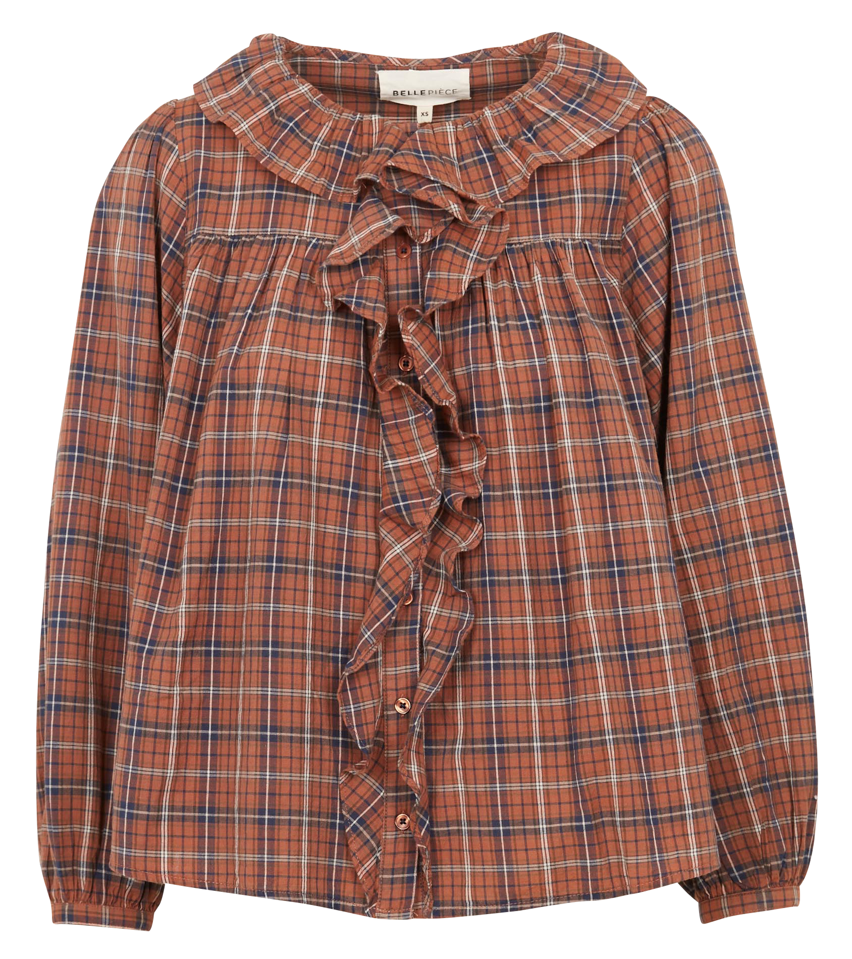 NAPLES - Blouse col rond volanté à carreaux en coton | Marron