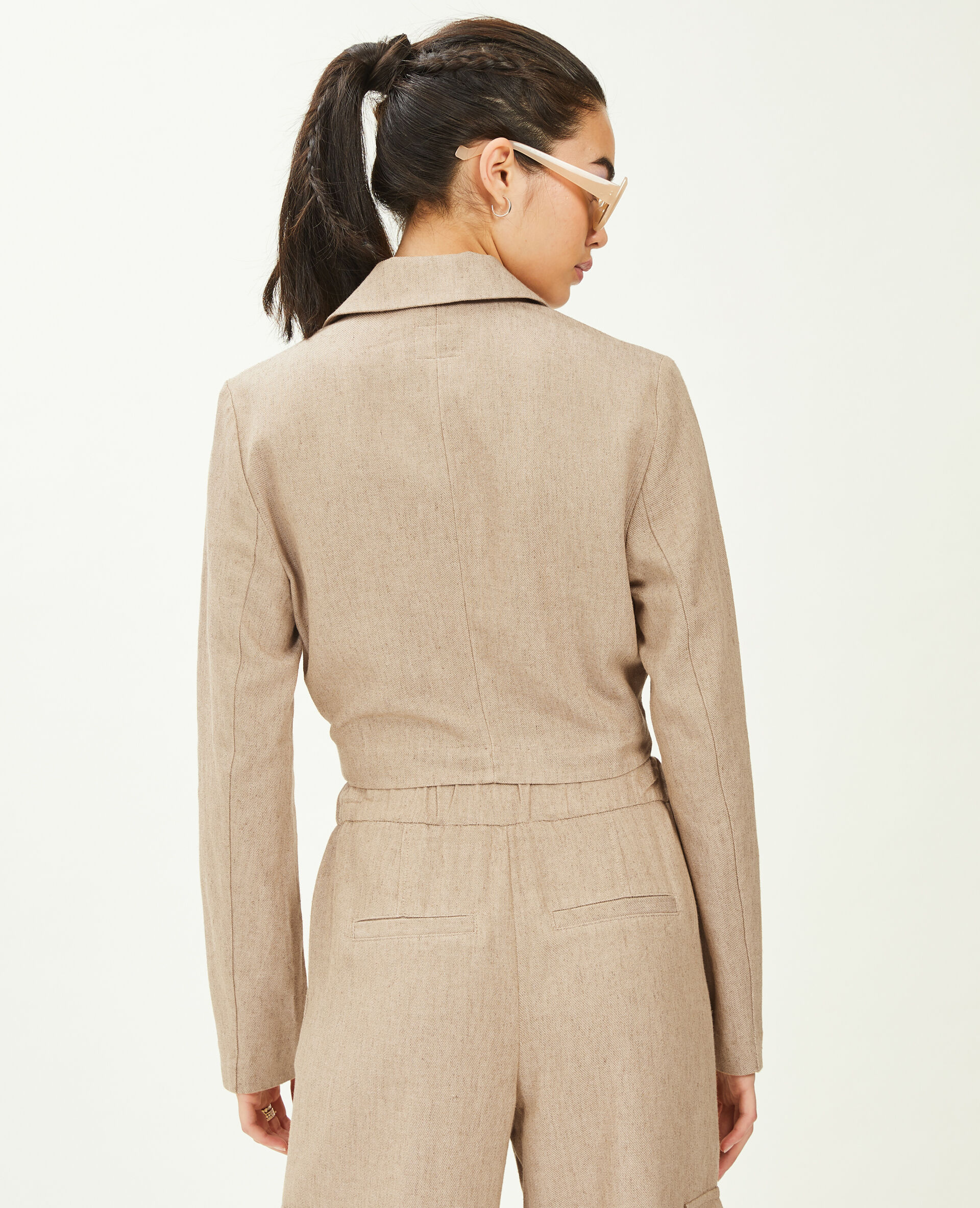 Veste blazer courte à nouer avec lin - Beige
